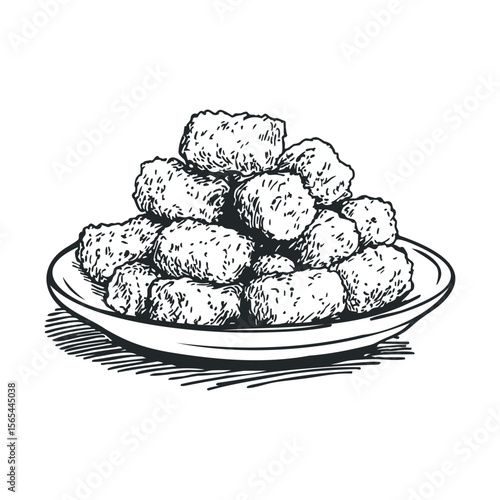 Sketch of a plate of crunchy tater tots in black and white