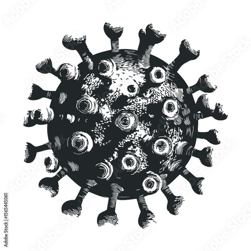 Detailed black and white illustration of a virus with spike proteins