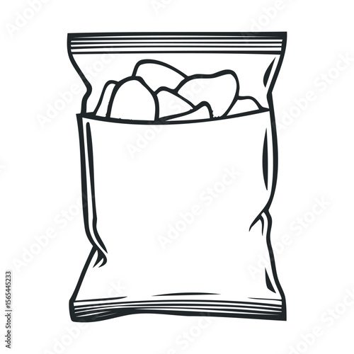 Hand-drawn snack bag illustration with assorted chips on white background