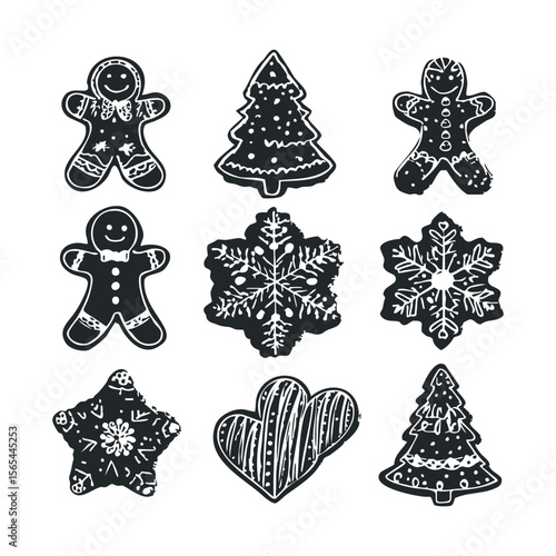 Chalk-style gingerbread cookies and festive shapes on black background
