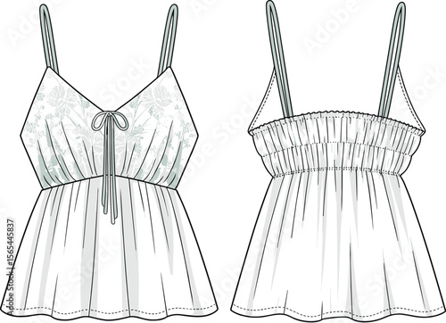 Spaghetti strap babydoll camisole top with floral bust and elasticated back, front and back technical fashion sketch vector.