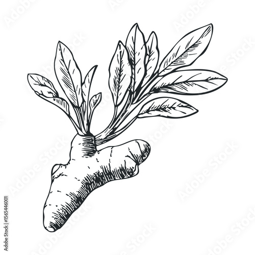 Black and white botanical ginger illustration with leaves expanding from root