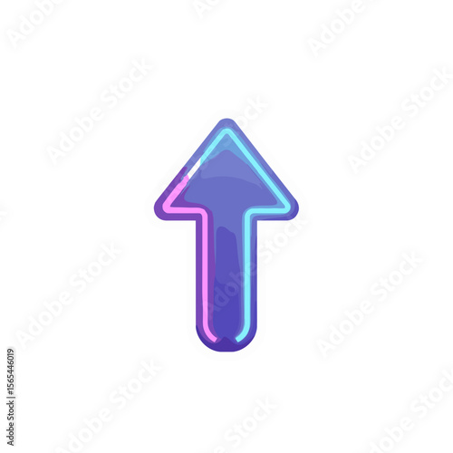 A stylized neon arrow pointing upwards with a vibrant gradient color scheme against an isolated clean backdrop, suitable for interface elements.