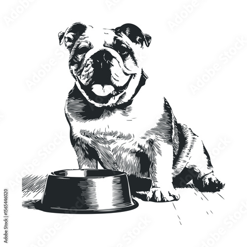 Illustration of a bulldog sitting next to an empty dog bowl in black and white