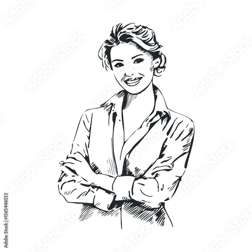 Smiling young caucasian female in professional attire with arms crossed illustration