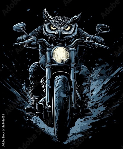 Anthropomorphic Owl Biker Motorcycle Digital Art: Surreal Adventure and Fantasy Illustration with Bold Colors