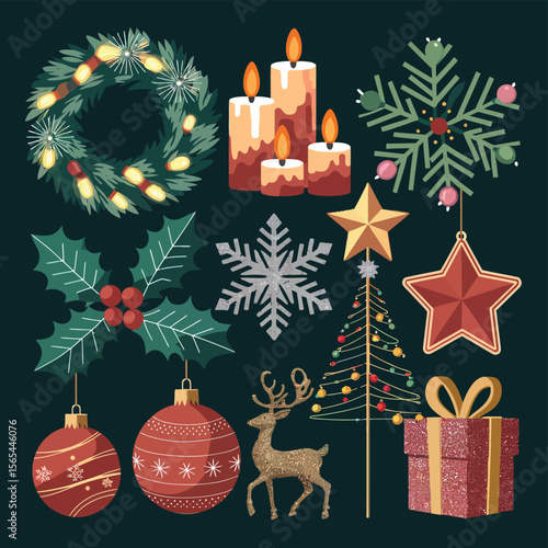 vector Happy New Year Celebrating 2025 in Latin letters , Christmas Decoration Items Santa Claus