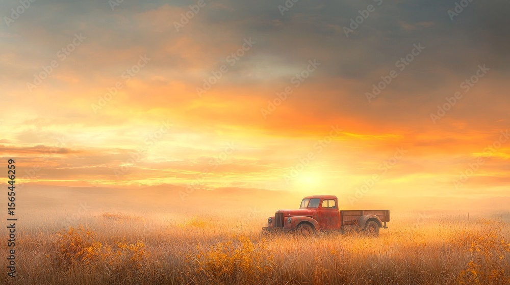 Rustic red truck against a vibrant sunset serene field landscape nature photography tranquil atmosphere Rustic red truck against a vibrant sunset serene field landscape nature photography tranquil atmosphere