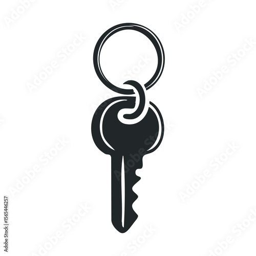 Monochrome illustration of a classic key with keyring