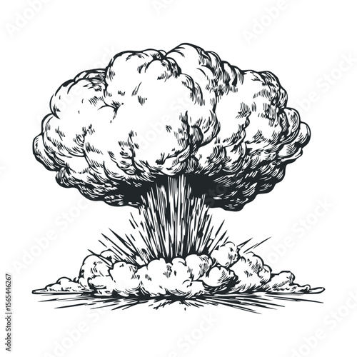 Hand-drawn explosion: detailed black and white illustration of a massive cloud burst