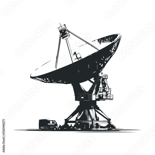 Illustration of a large satellite dish antenna with maintenance workers