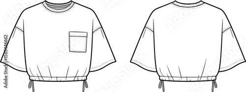 Technical flat sketch of oversized short sleeve crop top with front pocket and drawstring hem, front and back views, fashion vector.