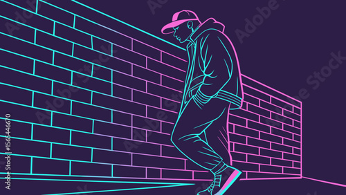 Neon outline street style fashion illustration of man in hoodie leaning against brick wall design art vector
