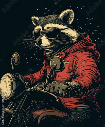 Raccoon Motorcycle Cartoon Illustration: Funny Urban Animal Art in Vintage Style Vector Design