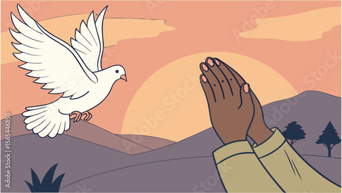Dove flying at sunset with praying hands illustration for peace hope and spirituality concept design art 100