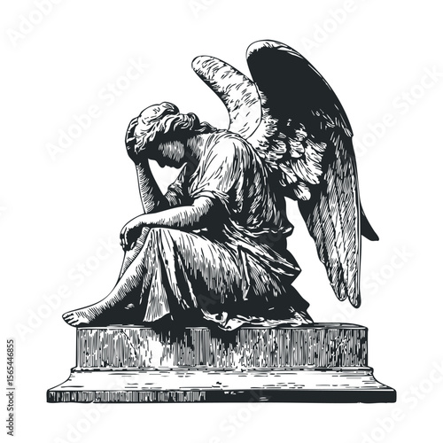 Detailed illustration of a melancholic seated angel with wings in black and white