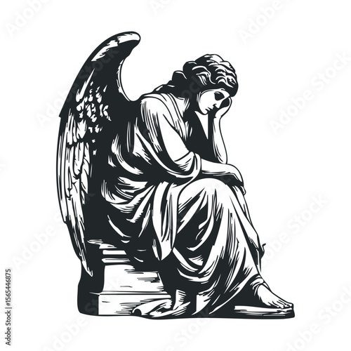 Pensive angel illustration with detailed wings and flowing robes in monochrome style