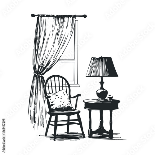 Cozy interior scene with chair, table, lamp, and window curtain sketch