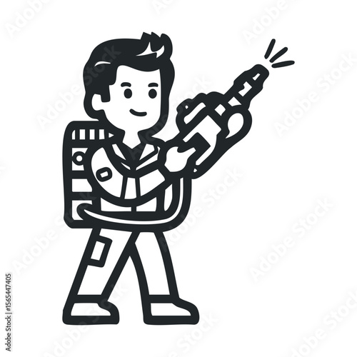 Cartoon male character with backpack and tool illustrating action genre