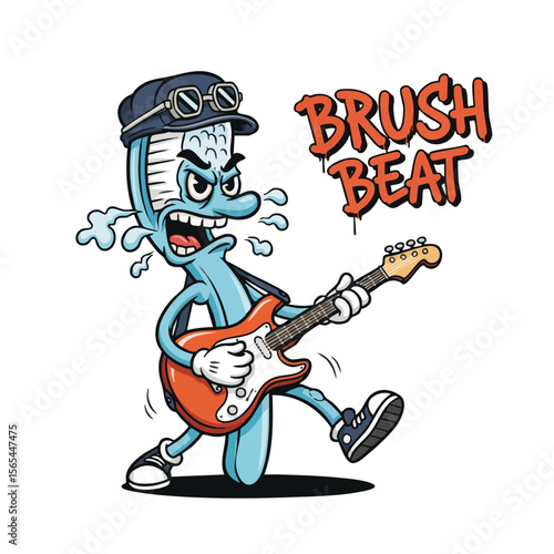 Cartoon Style Toothbrush Playing Electric Guitar Character Mascot Illustration