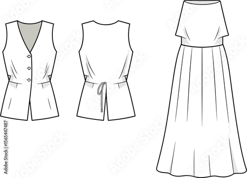 Sleeveless button-front vest and off-shoulder maxi dress fashion flat sketch, front and back views, technical vector illustration in white.