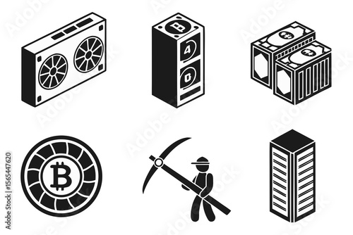 Vector art of bitcoin mining related icons isolated on white background