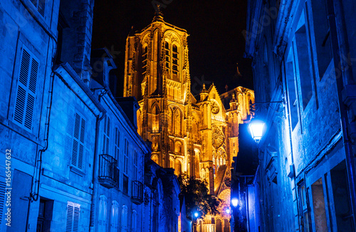 The old town center of Bourges and the cathedral during lights nights in summer