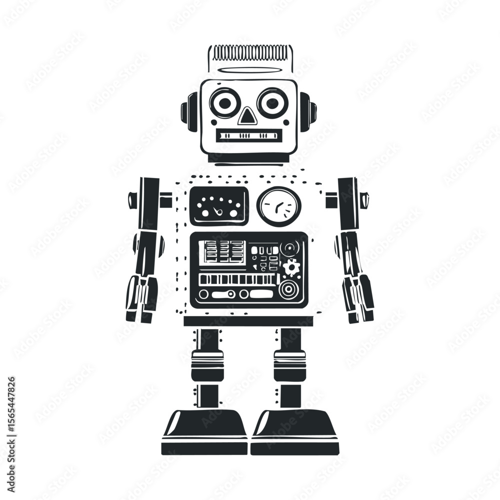 Fototapeta premium Retro black and white robot illustration with vintage design elements