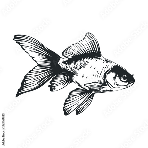 Detailed black and white illustration of a goldfish with flowing fins and tail