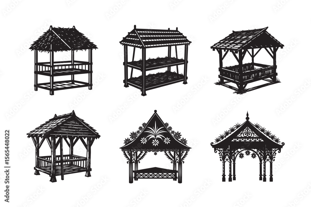 Fototapeta premium silhouette double level Slovenian hayrack set bundle on the white background