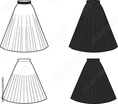 A-line pleated midi skirt vector flat sketch in black and white, front and back view fashion design technical illustration.