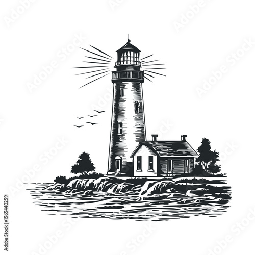 Monochrome lighthouse by the sea with rocks and birds in vintage style