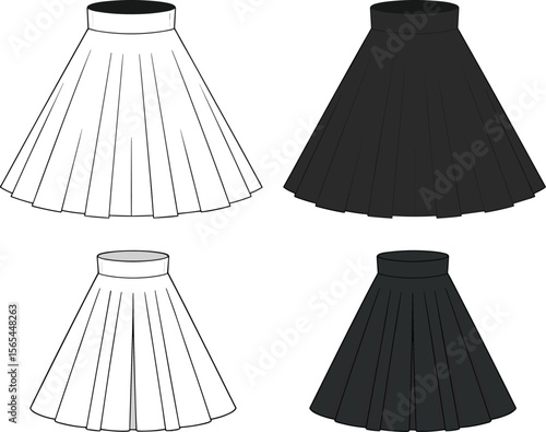 Pleated mini and midi skirt vector fashion flat sketch in black and white, front and back views for design presentation.
