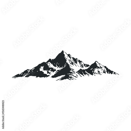 Black and white mountain silhouette with snowy peaks against white background