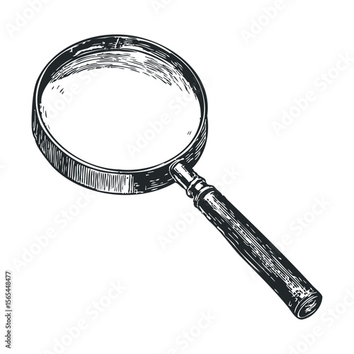 Vintage hand-drawn magnifying glass illustration in black and white