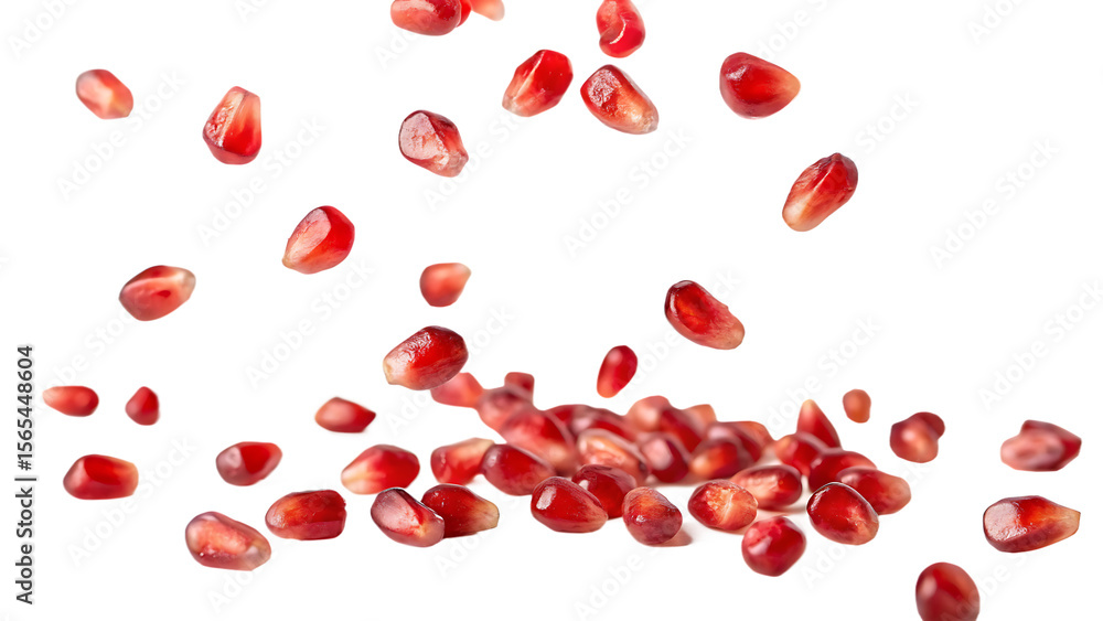 Flying falling pomegranate seeds isolated on a white background PNG. AI GENERATED. Flying falling pomegranate seeds isolated on a white background PNG. AI GENERATED.