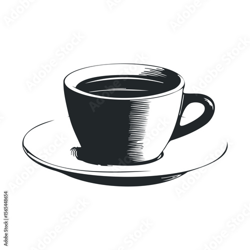 Monochrome sketch of coffee cup on saucer isolated on white background