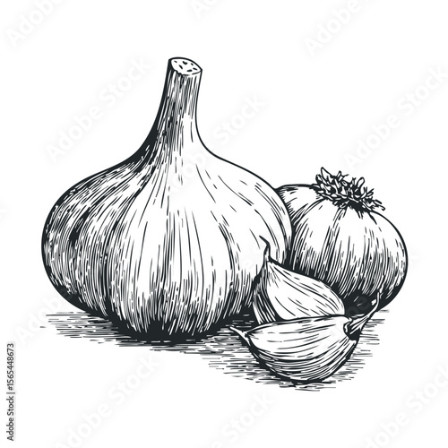 Sketch of garlic bulb and cloves with tomato in black and white