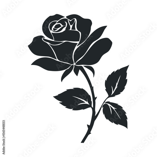 Black silhouette of a rose on white background illustrating elegance and simplicity