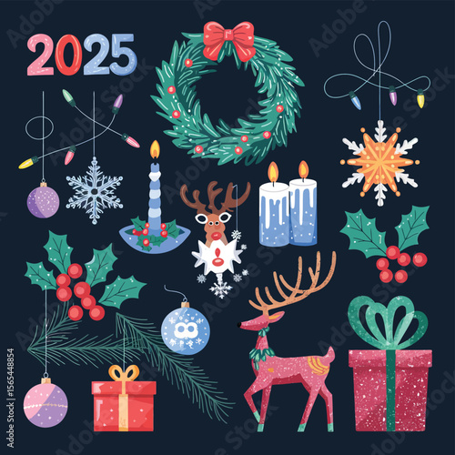vector Happy New Year Celebrating 2025 in Latin letters , Christmas Decoration Items Santa Claus