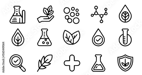 Organic science and nature icons with laboratory equipment and leaves research
