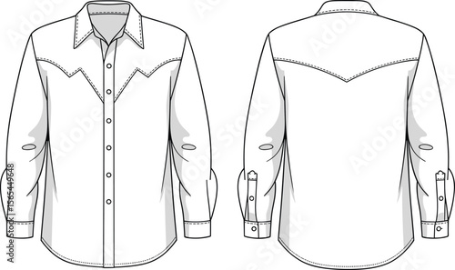 Western shirt fashion flat sketch, long sleeve button-up shirt design, cowboy-style shirt front and back view, apparel technical drawing, vector fashion illustration