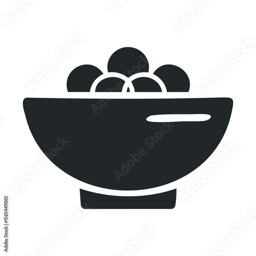 Simple black and white silhouette icon of a bowl with rounded objects
