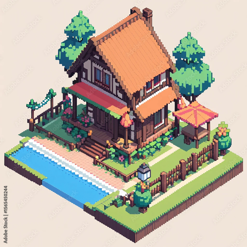 Naklejka premium Charming Pixel Art Lakeside Cottage Illustration