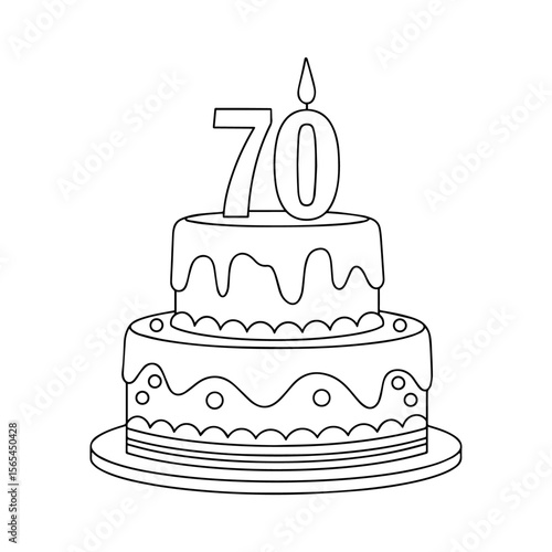 70th birthday cake with frosting and number 70 candle, isolated vector illustration on white or transparent background