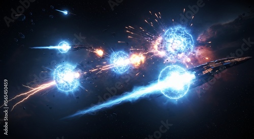 Fototapeta Naklejka Na Ścianę i Meble -  Intense Space Battle: Spaceships Firing Energy Weapons Amidst Asteroids and Explosions