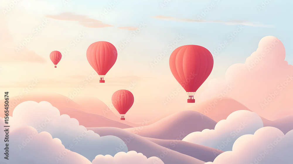 Naklejka premium Red hot air balloons soaring over pastel sky and clouds in tranquil landscape