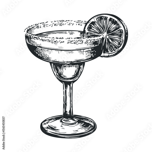 Hand-drawn margarita glass with salt rim and lime slice illustration