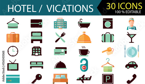 30 Hotel and Vacation Icons — Travel, Booking, Luggage, Accommodation, Relaxation, Trip Essentials and Beach Items