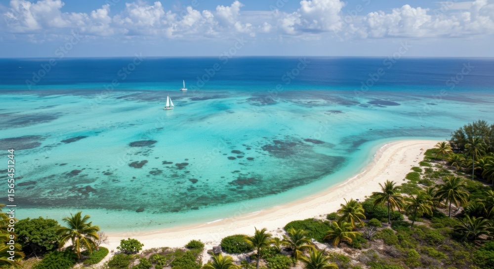 Obraz premium Dreamy white-sand beach bordered by vibrant turquoise waters in a tropical setting.